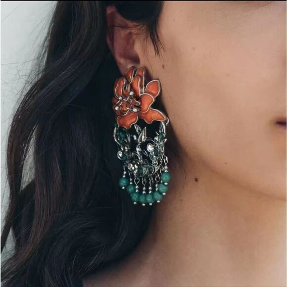 New ZARA Orange, Turquoise & Silver Floral Beaded Earrings With Bird Detail - Picture 8 of 10